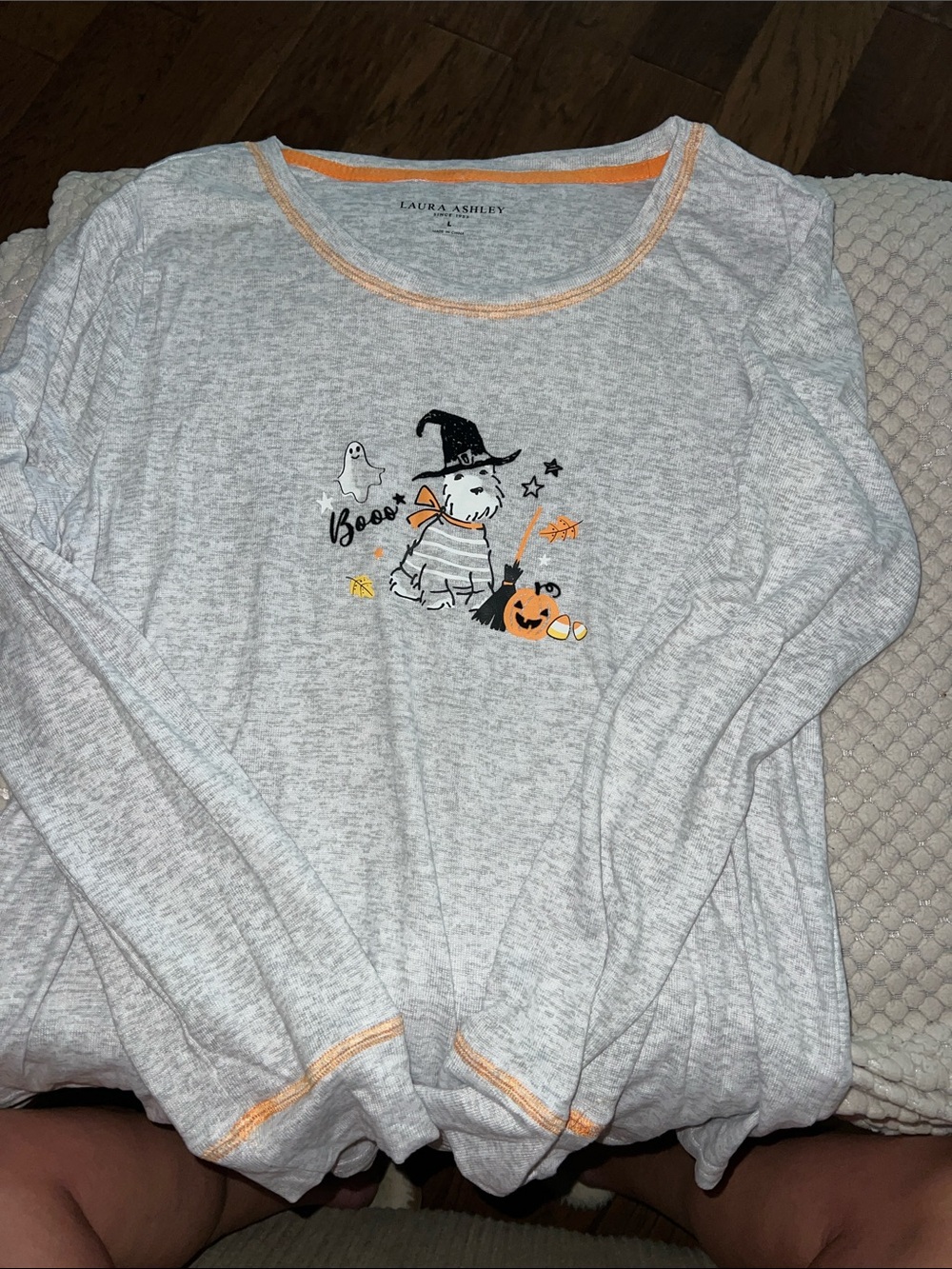 Laura Ashley Light Gray Halloween Graphic Long Sleeve Top with Orange Trim